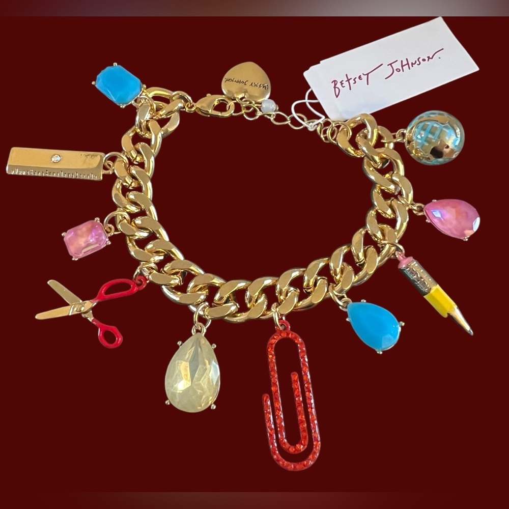 Betsey Johnson Gold Charm Bracelet with Red and Blue Accents